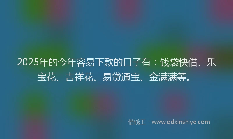 2025年的今年容易下款的口子有：钱袋快借、乐宝花、吉祥花、易贷通宝、金满满等。