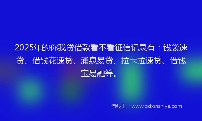 2025年的你我贷借款看不看征信记录有：钱袋速贷、借钱花速贷、涌泉易贷、拉卡拉速贷、借钱宝易融等。