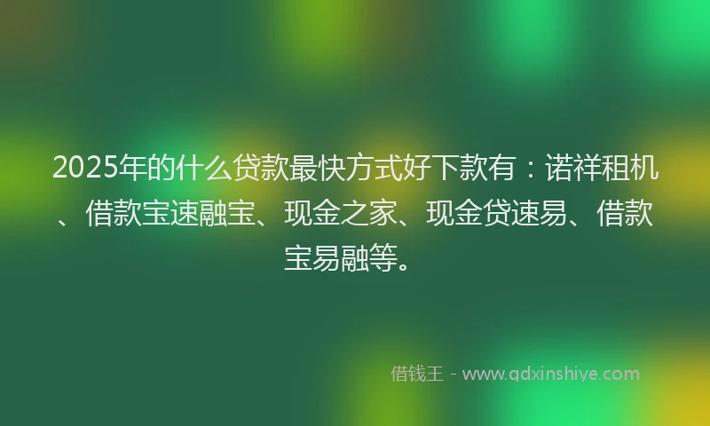 2025年的什么贷款最快方式好下款有：诺祥租机、借款宝速融宝、现金之家、现金贷速易、借款宝易融等。