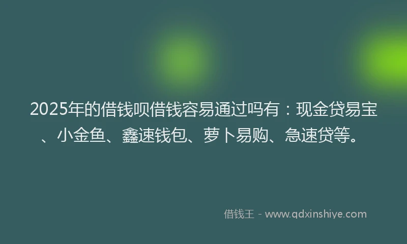 2025年的借钱呗借钱容易通过吗有：现金贷易宝、小金鱼、鑫速钱包、萝卜易购、急速贷等。