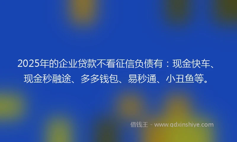 2025年的企业贷款不看征信负债有：现金快车、现金秒融途、多多钱包、易秒通、小丑鱼等。