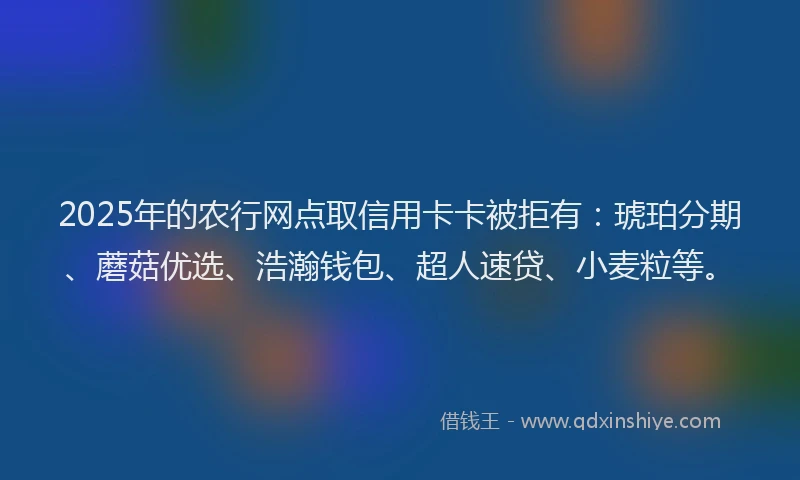 2025年的农行网点取信用卡卡被拒有：琥珀分期、蘑菇优选、浩瀚钱包、超人速贷、小麦粒等。