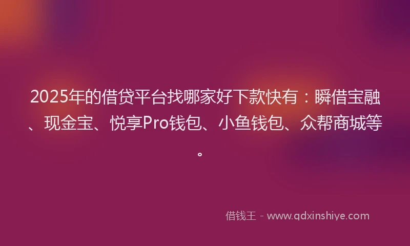 2025年的借贷平台找哪家好下款快有：瞬借宝融、现金宝、悦享Pro钱包、小鱼钱包、众帮商城等。