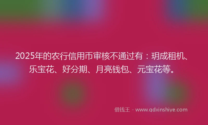 2025年的农行信用币审核不通过有：玥成租机、乐宝花、好分期、月亮钱包、元宝花等。