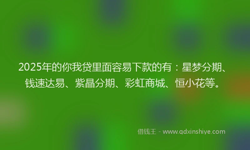 2025年的你我贷里面容易下款的有：星梦分期、钱速达易、紫晶分期、彩虹商城、恒小花等。