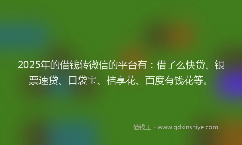 2025年的借钱转微信的平台有：借了么快贷、银票速贷、口袋宝、桔享花、百度有钱花等。