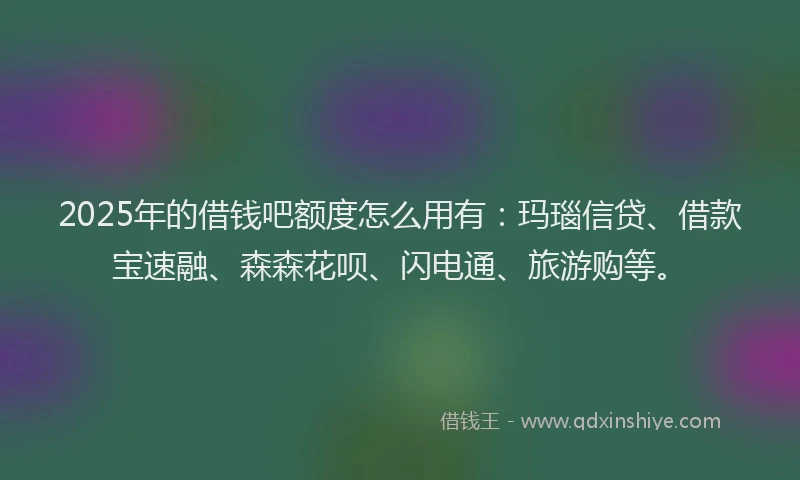 2025年的借钱吧额度怎么用有：玛瑙信贷、借款宝速融、森森花呗、闪电通、旅游购等。