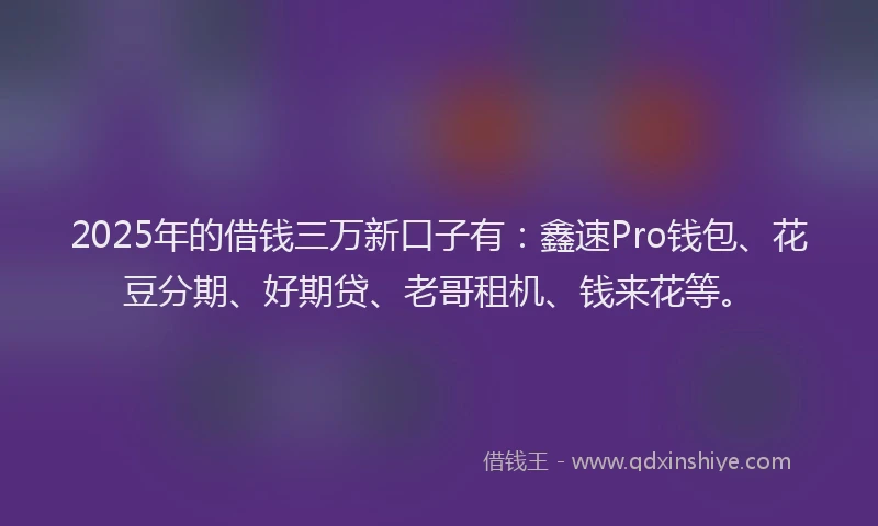 2025年的借钱三万新口子有：鑫速Pro钱包、花豆分期、好期贷、老哥租机、钱来花等。