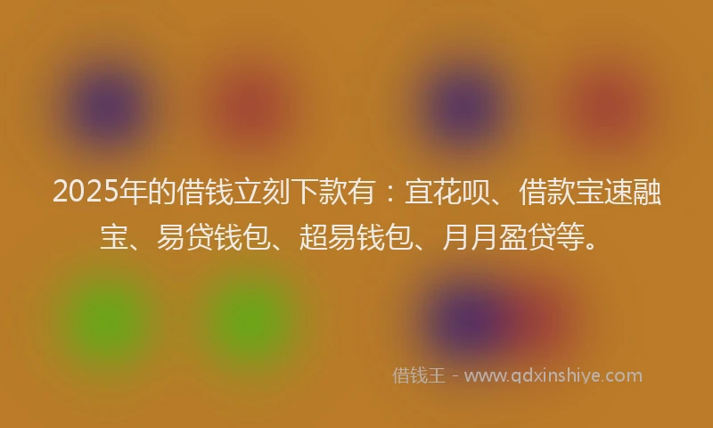 2025年的借钱立刻下款有：宜花呗、借款宝速融宝、易贷钱包、超易钱包、月月盈贷等。