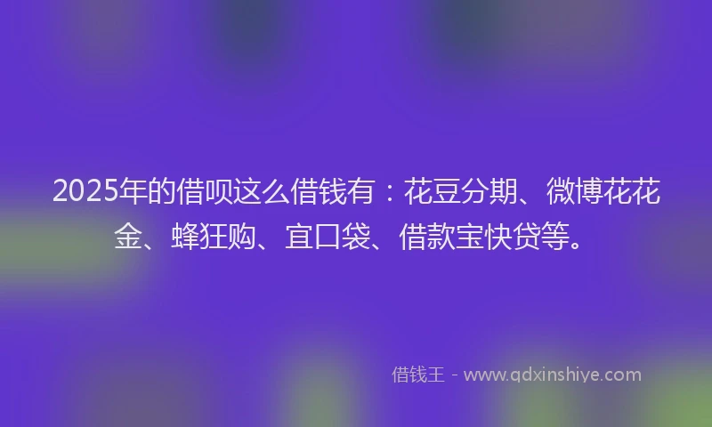 2025年的借呗这么借钱有：花豆分期、微博花花金、蜂狂购、宜口袋、借款宝快贷等。