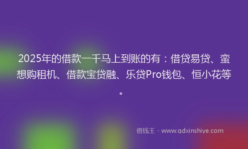 2025年的借款一千马上到账的有：借贷易贷、蛮想购租机、借款宝贷融、乐贷Pro钱包、恒小花等。