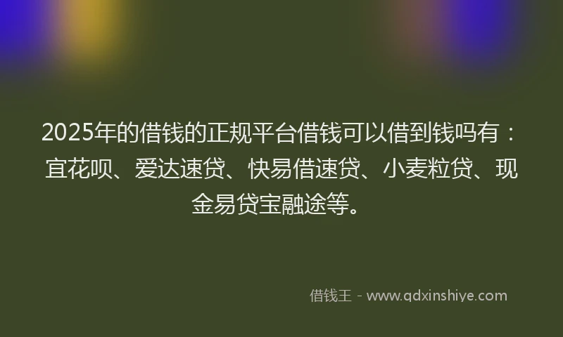 2025年的借钱的正规平台借钱可以借到钱吗有：宜花呗、爱达速贷、快易借速贷、小麦粒贷、现金易贷宝融途等。