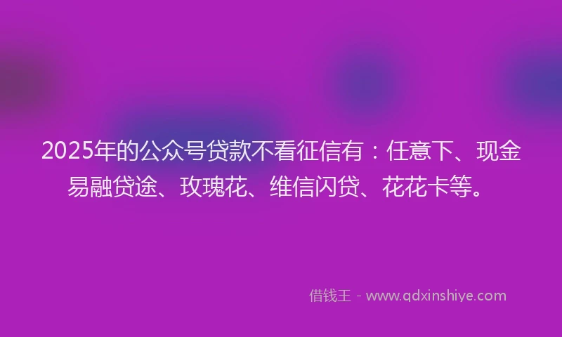 2025年的公众号贷款不看征信有：任意下、现金易融贷途、玫瑰花、维信闪贷、花花卡等。