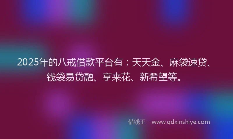 2025年的八戒借款平台有：天天金、麻袋速贷、钱袋易贷融、享来花、新希望等。