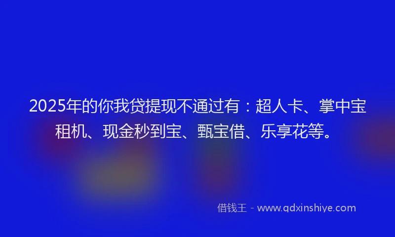 2025年的你我贷提现不通过有：超人卡、掌中宝租机、现金秒到宝、甄宝借、乐享花等。