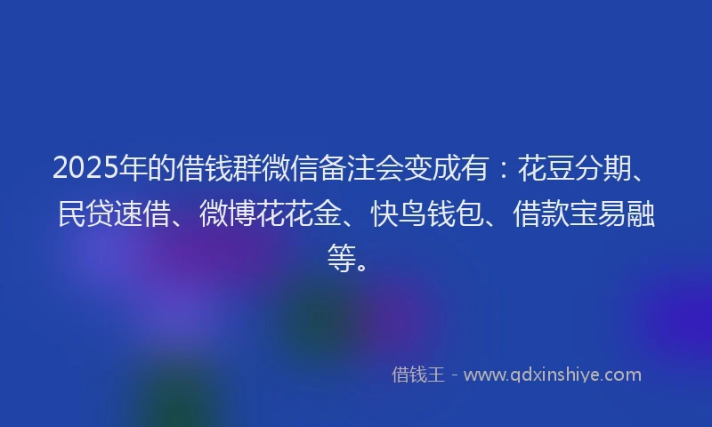 2025年的借钱群微信备注会变成有：花豆分期、民贷速借、微博花花金、快鸟钱包、借款宝易融等。