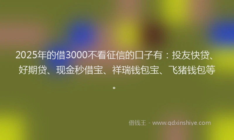 2025年的借3000不看征信的口子有：投友快贷、好期贷、现金秒借宝、祥瑞钱包宝、飞猪钱包等。