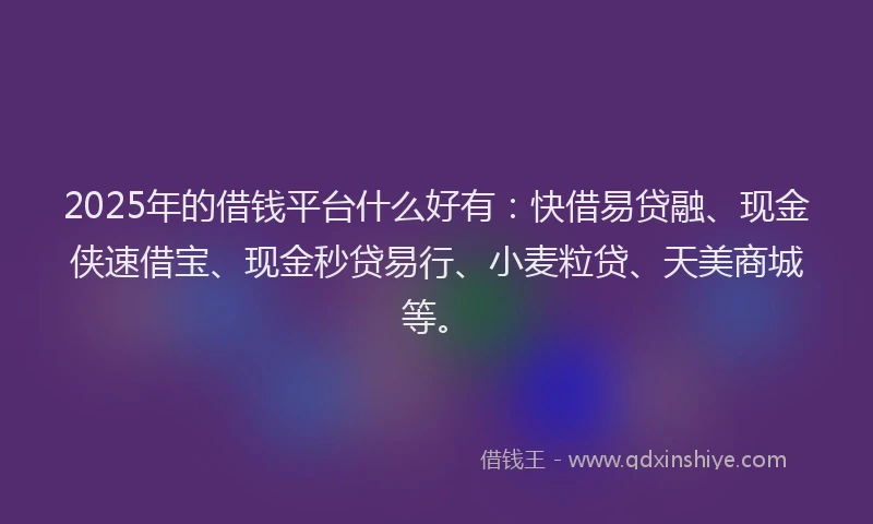 2025年的借钱平台什么好有：快借易贷融、现金侠速借宝、现金秒贷易行、小麦粒贷、天美商城等。
