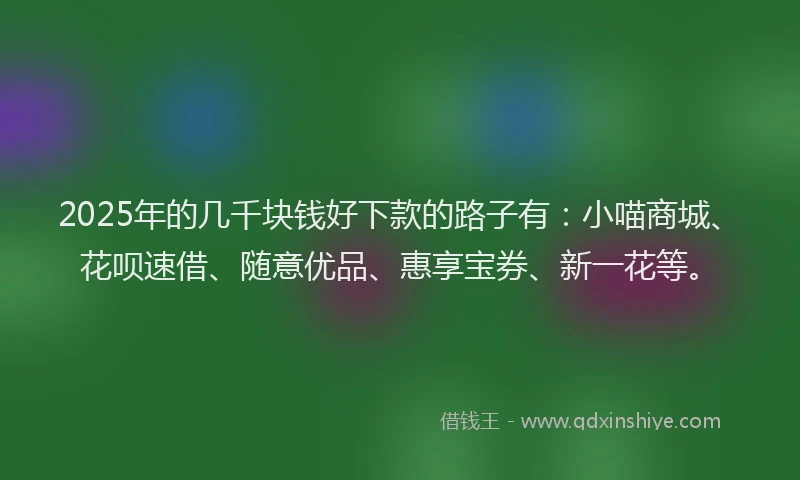 2025年的几千块钱好下款的路子有：小喵商城、花呗速借、随意优品、惠享宝券、新一花等。