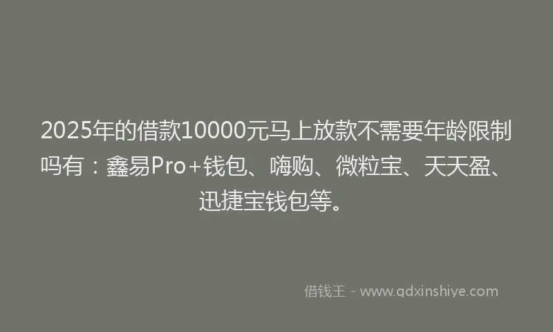 2025年的借款10000元马上放款不需要年龄限制吗有：鑫易Pro+钱包、嗨购、微粒宝、天天盈、迅捷宝钱包等。