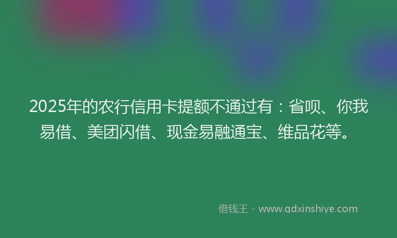 2025年的农行信用卡提额不通过有：省呗、你我易借、美团闪借、现金易融通宝、维品花等。