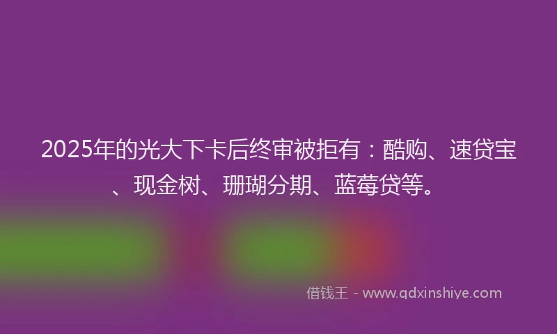 2025年的光大下卡后终审被拒有：酷购、速贷宝、现金树、珊瑚分期、蓝莓贷等。