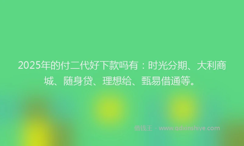 2025年的付二代好下款吗有：时光分期、大利商城、随身贷、理想给、甄易借通等。