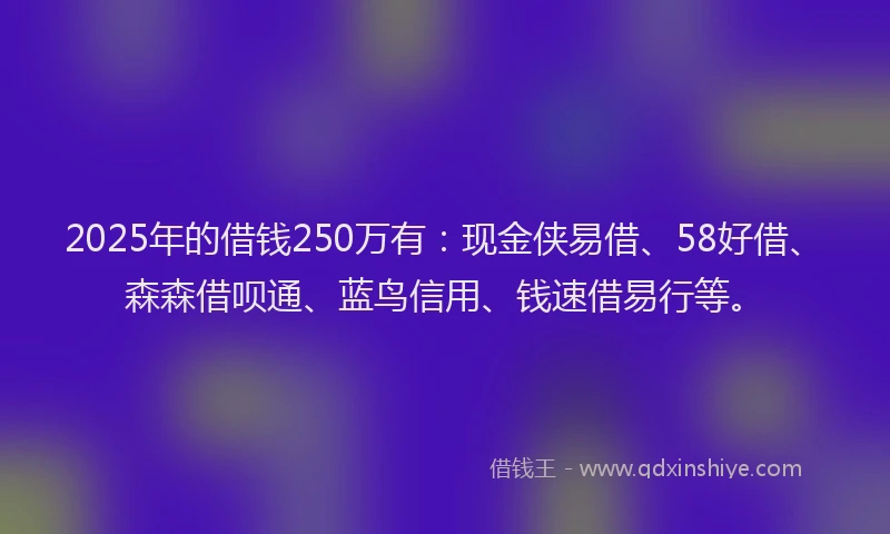 2025年的借钱250万有：现金侠易借、58好借、森森借呗通、蓝鸟信用、钱速借易行等。