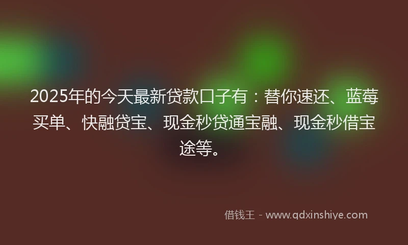 2025年的今天最新贷款口子有：替你速还、蓝莓买单、快融贷宝、现金秒贷通宝融、现金秒借宝途等。
