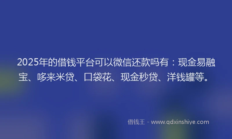 2025年的借钱平台可以微信还款吗有：现金易融宝、哆来米贷、口袋花、现金秒贷、洋钱罐等。