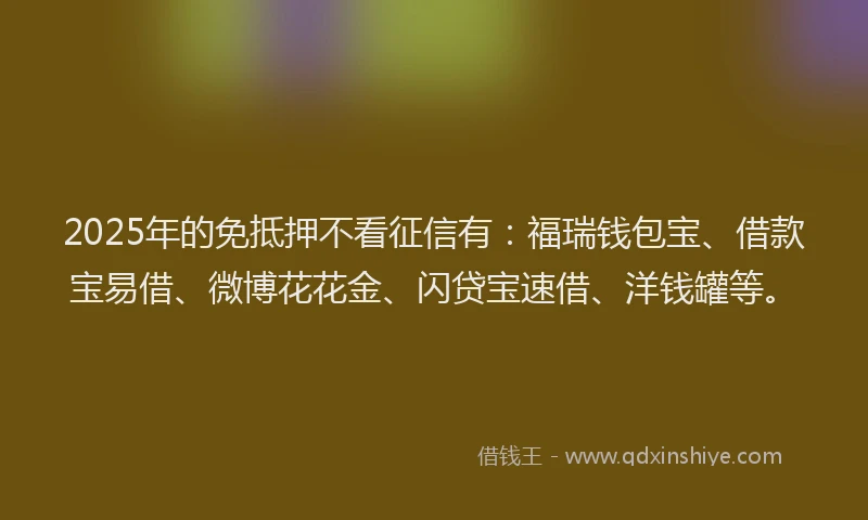 2025年的免抵押不看征信有：福瑞钱包宝、借款宝易借、微博花花金、闪贷宝速借、洋钱罐等。
