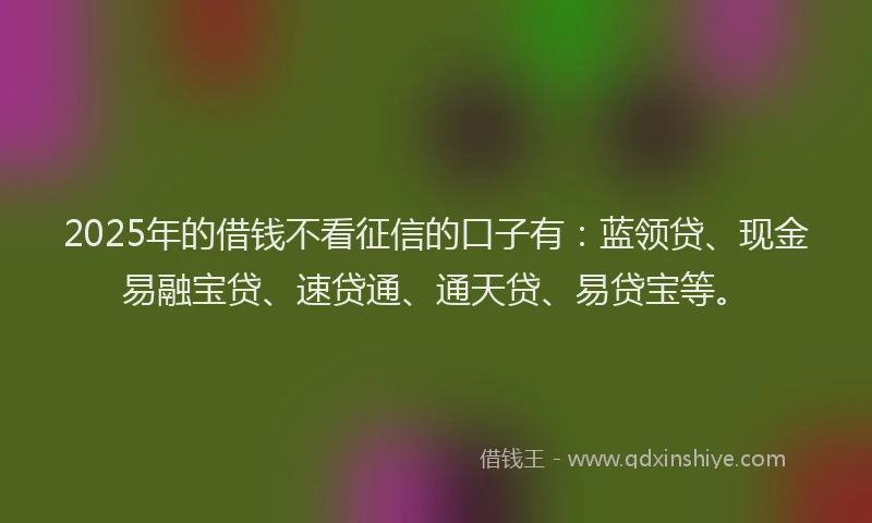 2025年的借钱不看征信的口子有：蓝领贷、现金易融宝贷、速贷通、通天贷、易贷宝等。
