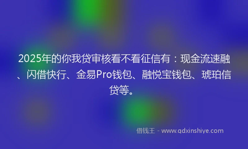2025年的你我贷审核看不看征信有：现金流速融、闪借快行、金易Pro钱包、融悦宝钱包、琥珀信贷等。