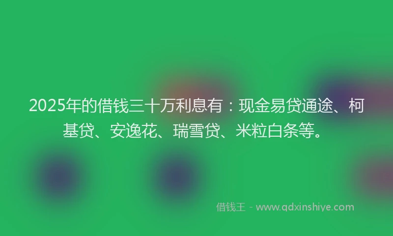 2025年的借钱三十万利息有：现金易贷通途、柯基贷、安逸花、瑞雪贷、米粒白条等。