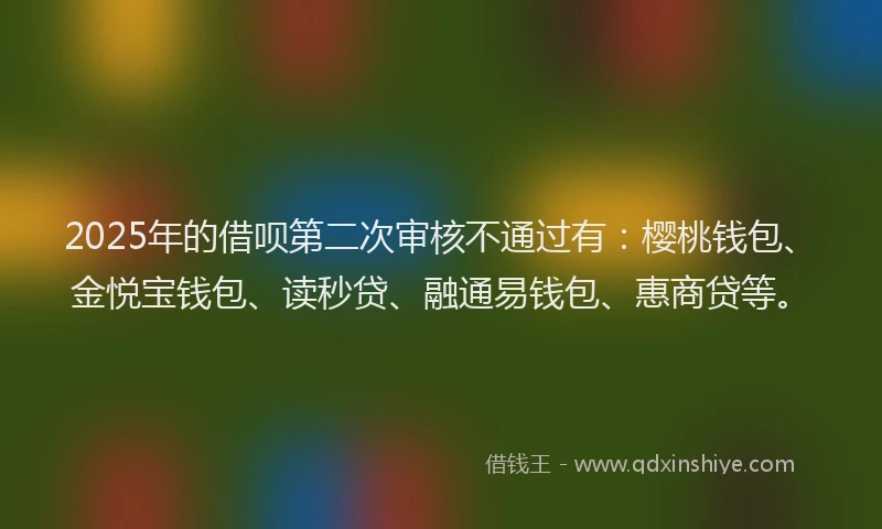 2025年的借呗第二次审核不通过有：樱桃钱包、金悦宝钱包、读秒贷、融通易钱包、惠商贷等。