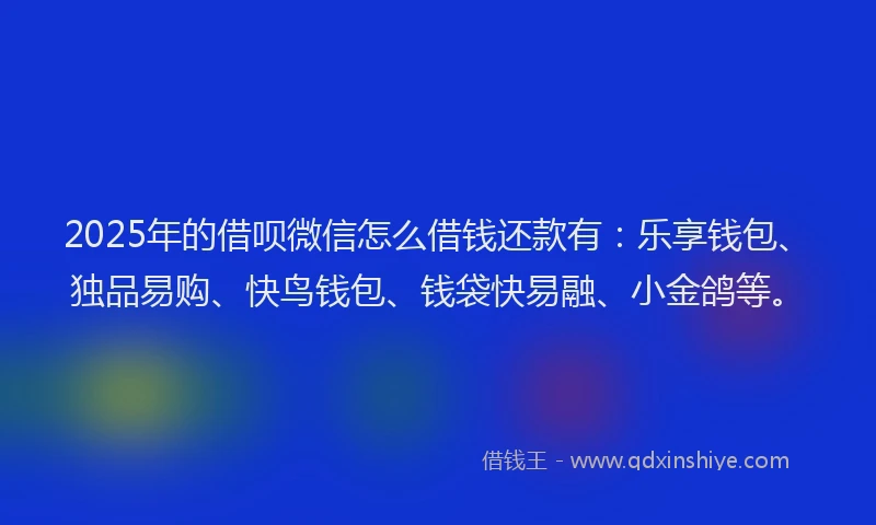 2025年的借呗微信怎么借钱还款有：乐享钱包、独品易购、快鸟钱包、钱袋快易融、小金鸽等。