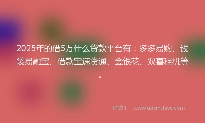 2025年的借5万什么贷款平台有：多多易购、钱袋易融宝、借款宝速贷通、金银花、双喜租机等。