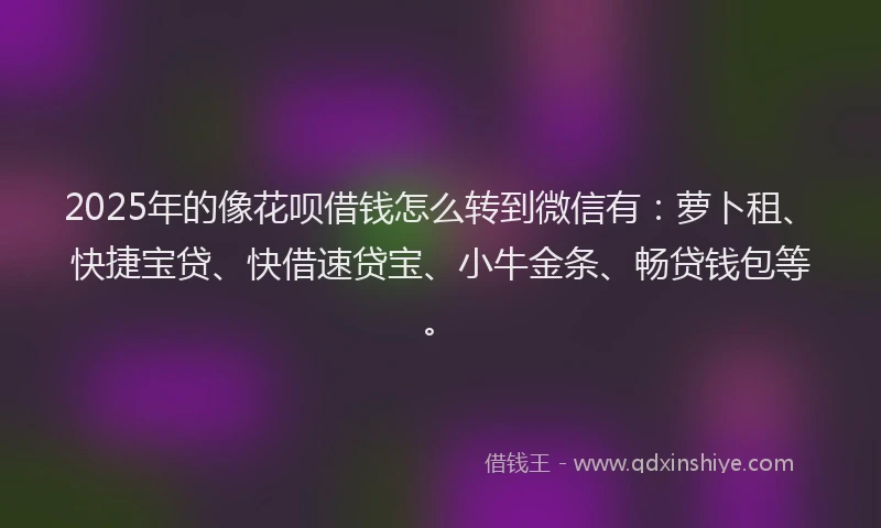 2025年的像花呗借钱怎么转到微信有：萝卜租、快捷宝贷、快借速贷宝、小牛金条、畅贷钱包等。