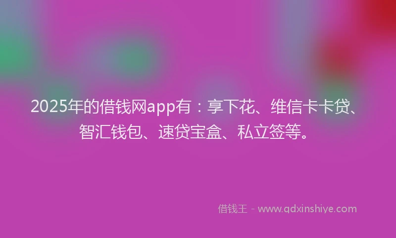 2025年的借钱网app有：享下花、维信卡卡贷、智汇钱包、速贷宝盒、私立签等。