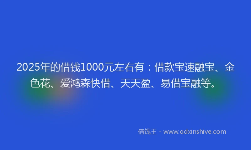 2025年的借钱1000元左右有：借款宝速融宝、金色花、爱鸿森快借、天天盈、易借宝融等。
