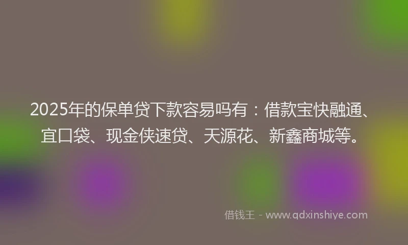 2025年的保单贷下款容易吗有：借款宝快融通、宜口袋、现金侠速贷、天源花、新鑫商城等。
