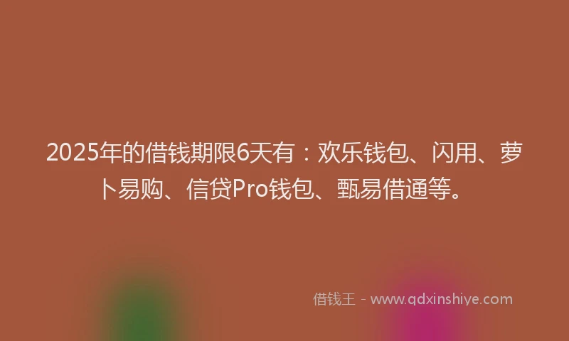 2025年的借钱期限6天有：欢乐钱包、闪用、萝卜易购、信贷Pro钱包、甄易借通等。
