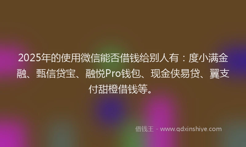 2025年的使用微信能否借钱给别人有：度小满金融、甄信贷宝、融悦Pro钱包、现金侠易贷、翼支付甜橙借钱等。