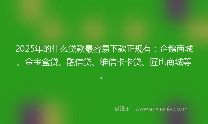 2025年的什么贷款最容易下款正规有：企鹅商城、金宝盒贷、融信贷、维信卡卡贷、匠也商城等。