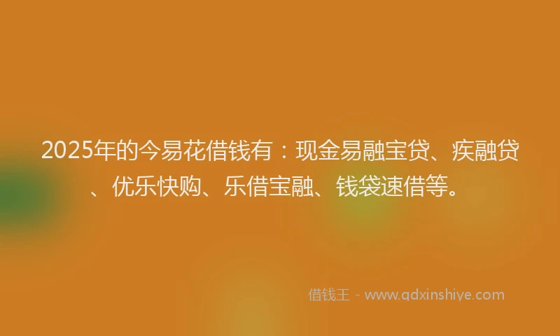 2025年的今易花借钱有：现金易融宝贷、疾融贷、优乐快购、乐借宝融、钱袋速借等。