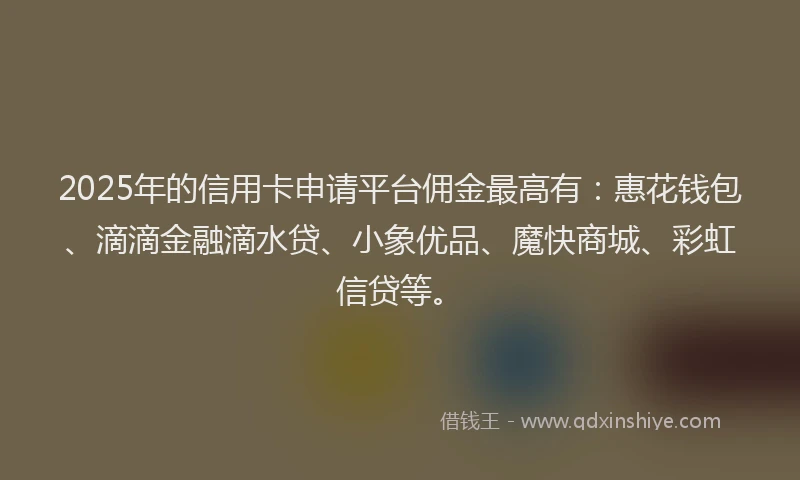 2025年的信用卡申请平台佣金最高有：惠花钱包、滴滴金融滴水贷、小象优品、魔快商城、彩虹信贷等。