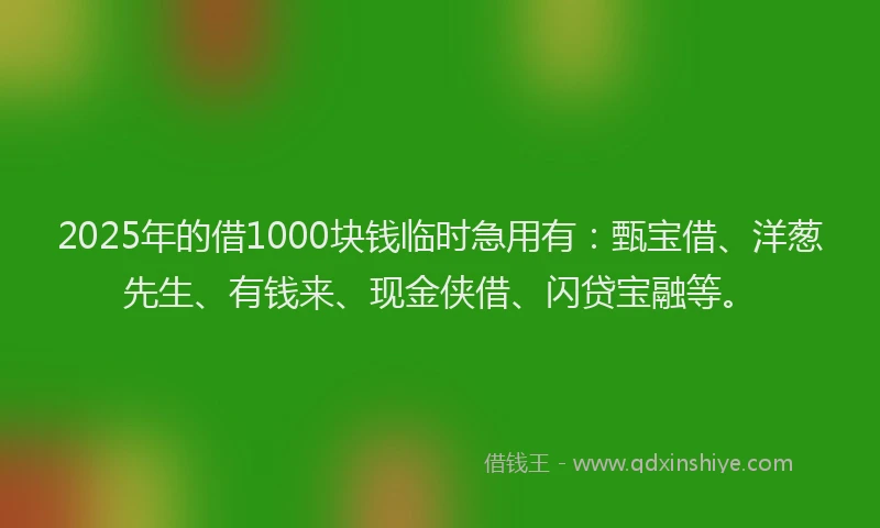 2025年的借1000块钱临时急用有：甄宝借、洋葱先生、有钱来、现金侠借、闪贷宝融等。
