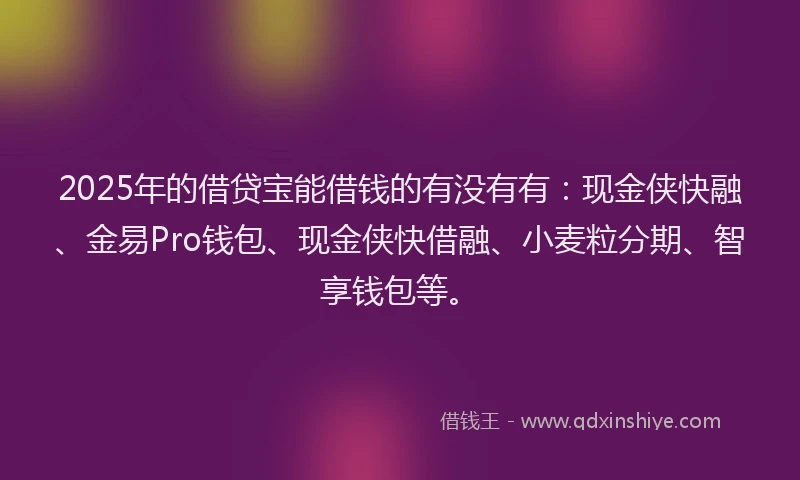2025年的借贷宝能借钱的有没有有：现金侠快融、金易Pro钱包、现金侠快借融、小麦粒分期、智享钱包等。