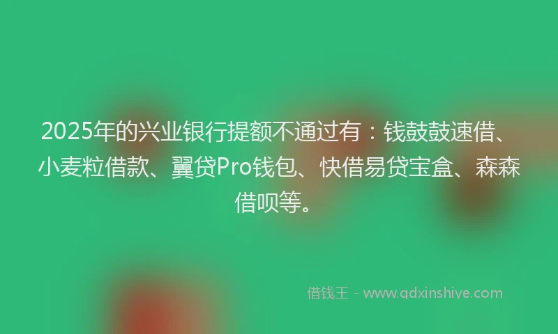 2025年的兴业银行提额不通过有：钱鼓鼓速借、小麦粒借款、翼贷Pro钱包、快借易贷宝盒、森森借呗等。