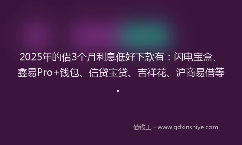 2025年的借3个月利息低好下款有：闪电宝盒、鑫易Pro+钱包、信贷宝贷、吉祥花、沪商易借等。